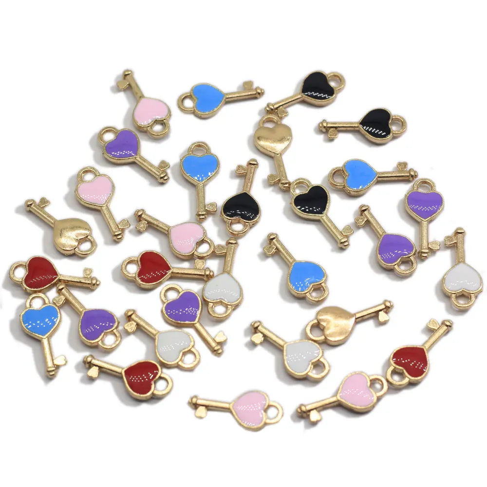 Enamel Heart Key Charms Pendant for Making DIY Necklaces Drop Earrings Keychain Jewelry Findings Accessory