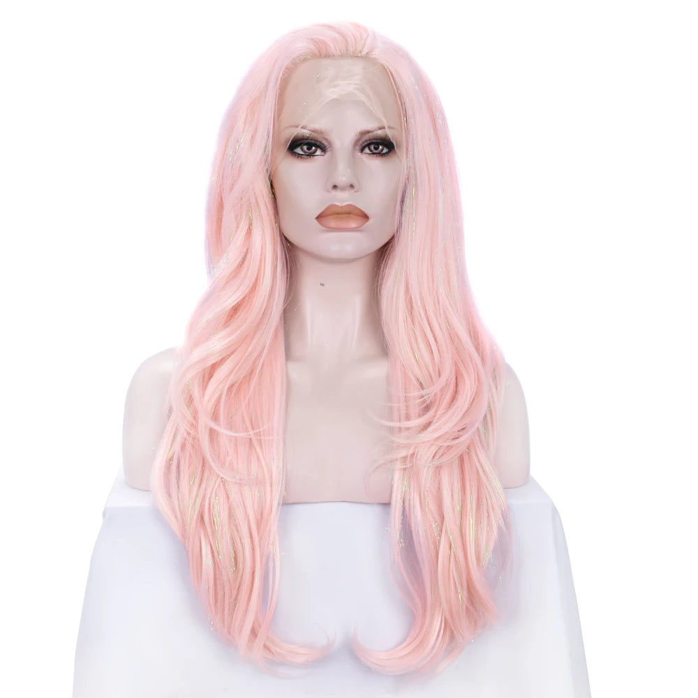 Tinsel Fiber Mixed Pink  Lace Front Wigs Matte Heat Resistant Fiber Same Human Hair Lace Front Wigs
