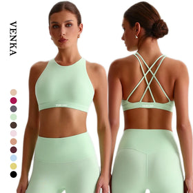 Female Athletic Wear High Round Nck Sexy Beauty Back Sports Bra Crop Top Cross Straps Quick Dry Women Fitness Workout Yoga Bras