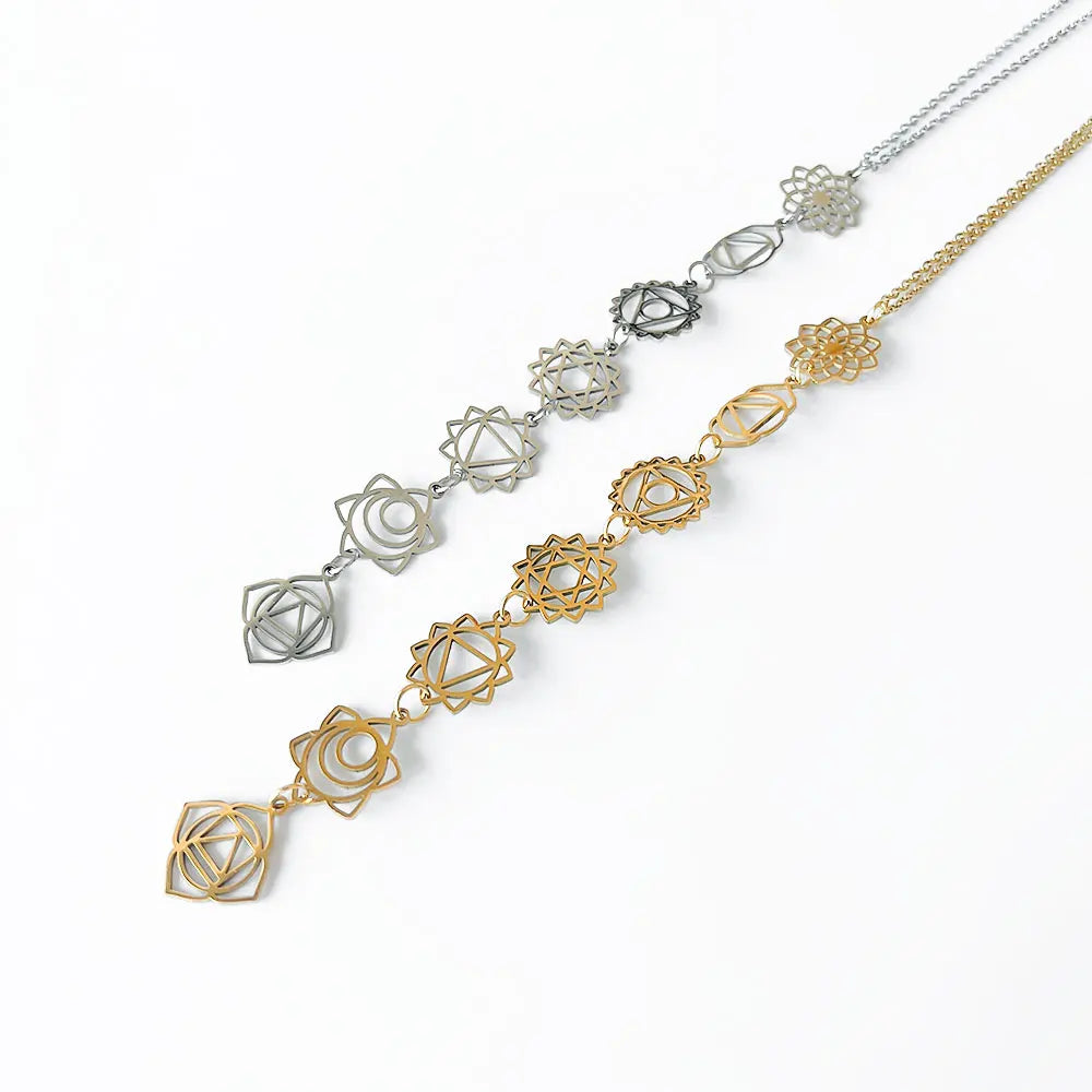 Stainless Steel Chakra Necklace 7 Chakra Symbols Long Pendant Charm Chain Energy Healing Jewelry Yoga Necklace Gift