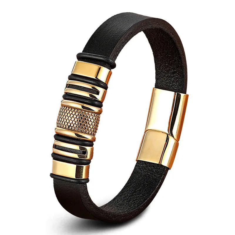 Men's Leather Bangle With Gold Plated Stainless Steel Alloy Clasp Cowhide Multi-Layer Braided Leather Mens Bracelets OT-292