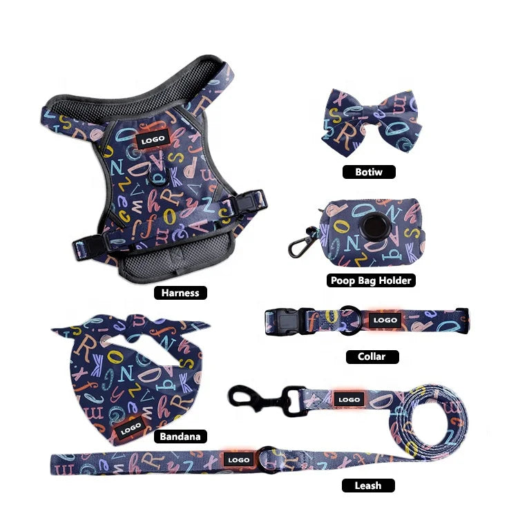 Low MOQ Custom Designer Pet Dog Harness Leash Collar Set Floral Personalized Luxury Adjustable No Pull Dog Harness With Handle