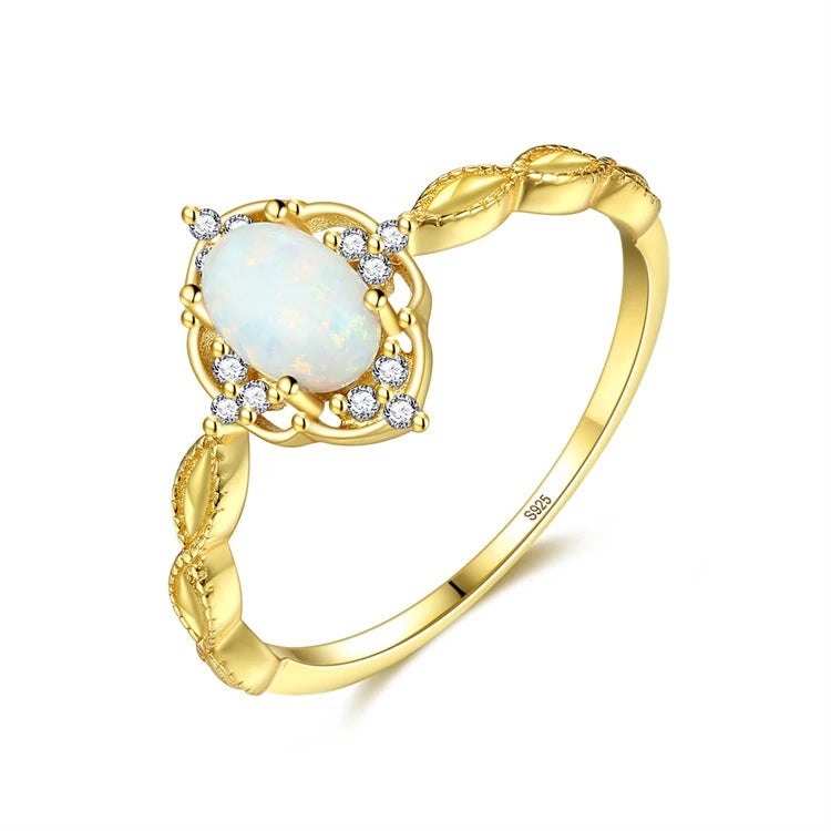 Fashion 925 Sterling Silver 18k Gold Plated Oval Shape Blue Natural Opal Rings for Women Wedding