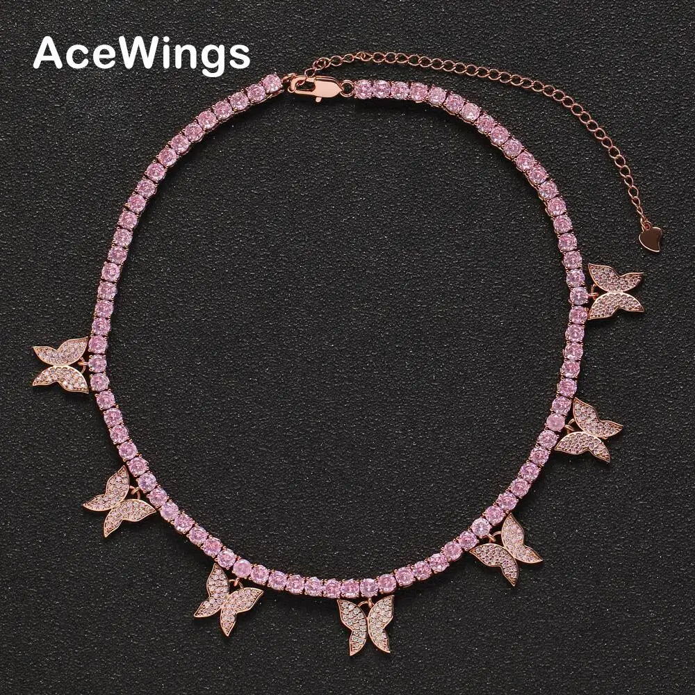 BC110  4mm Brass CZ Tennis Chain with 7 butterfly Charm Necklace with Extender Chain Iced Out  Cubic Zircon Bling Bling