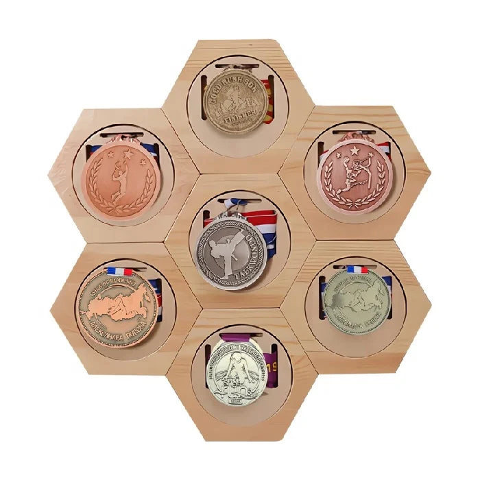 Handmade Home Decor Wooden Artistic Medal Trophy Hanger Display with Shelf
