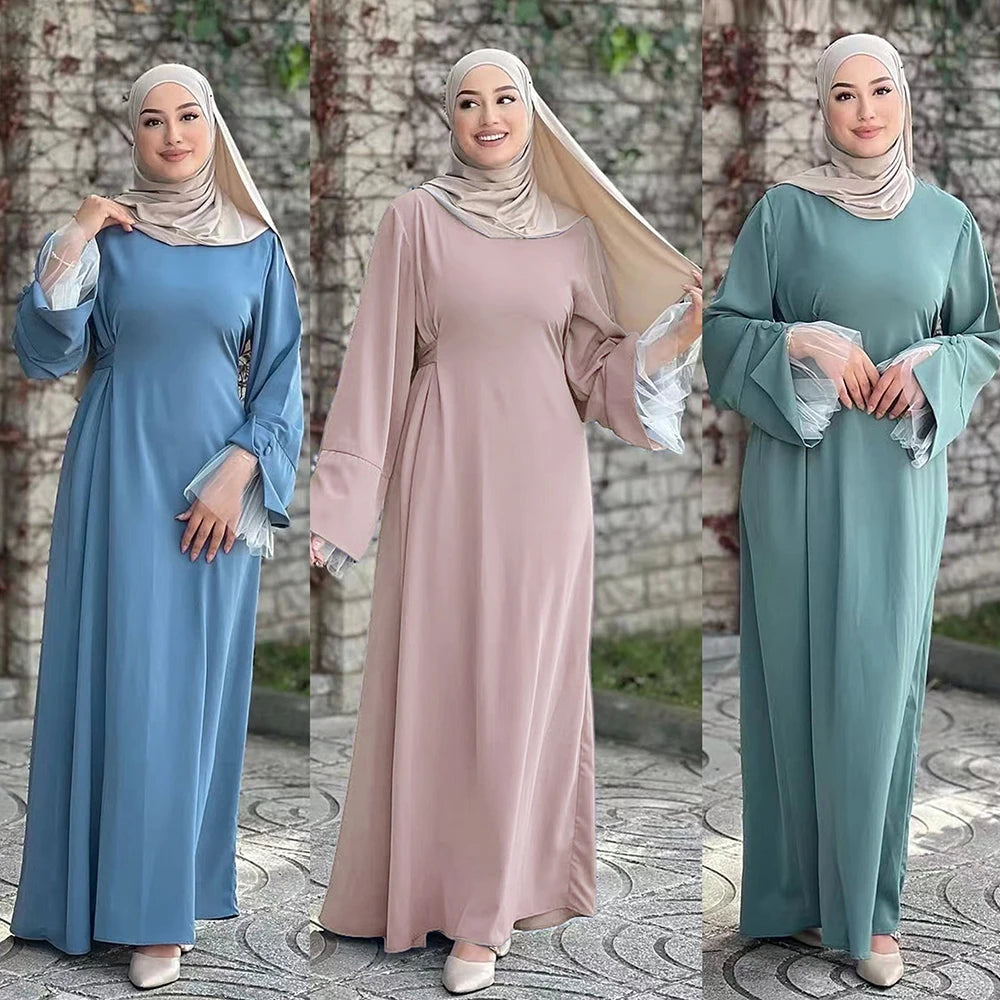 Gansu Jijian 2025 Abaya Women Muslim Dress Solid Color Nida Patchwork Lace Long Dress Dubai Turkey Modest Muslim Dress for Women
