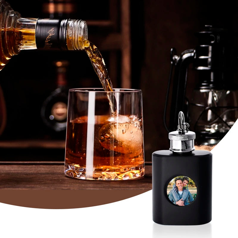 Food Grade Stainless Steel Liquor Mountain Climbing Black Portable Sublimation Blank 1oz Hip Flask Keychain