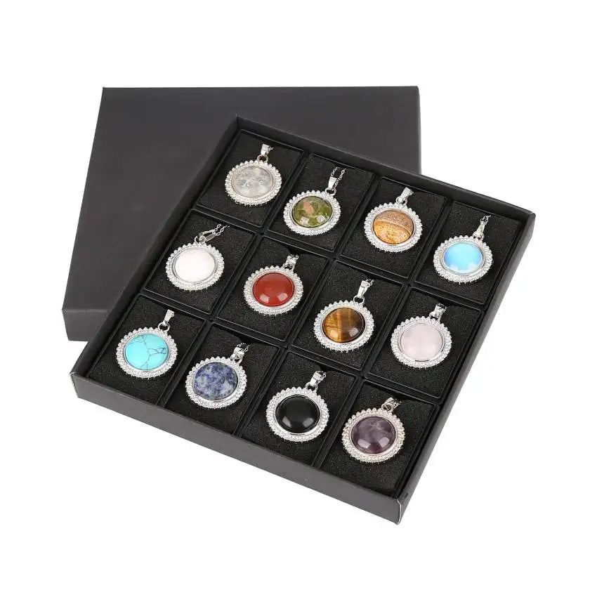 Hot Selling Personality Simple Natural Stone Round Shape Jewelry Pendant Necklace Round Quartz Chain Necklace