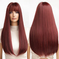 Factory Fast Delivery Burgundy Long Straight Hair with Bangs Wig Matte Soft Synthetic Rose Net Wig 150 Density