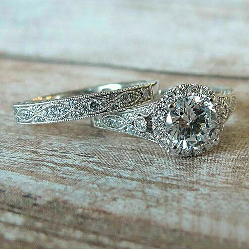 CAOSHI Vintage Style New Design Geometry Imitated Diamond 2Pcs Sets Couple Rings for Bridal Wedding Silver Plated CZ Rings Women
