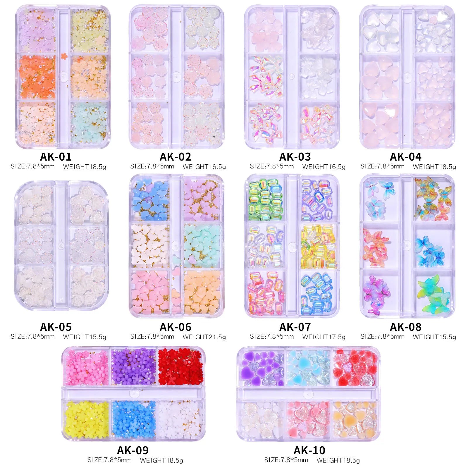 6Grid Acrylic Flower Camellia Nail Art Charms Color Change Shine Heart Bow Butterfly Nail Rhinestones Decoration
