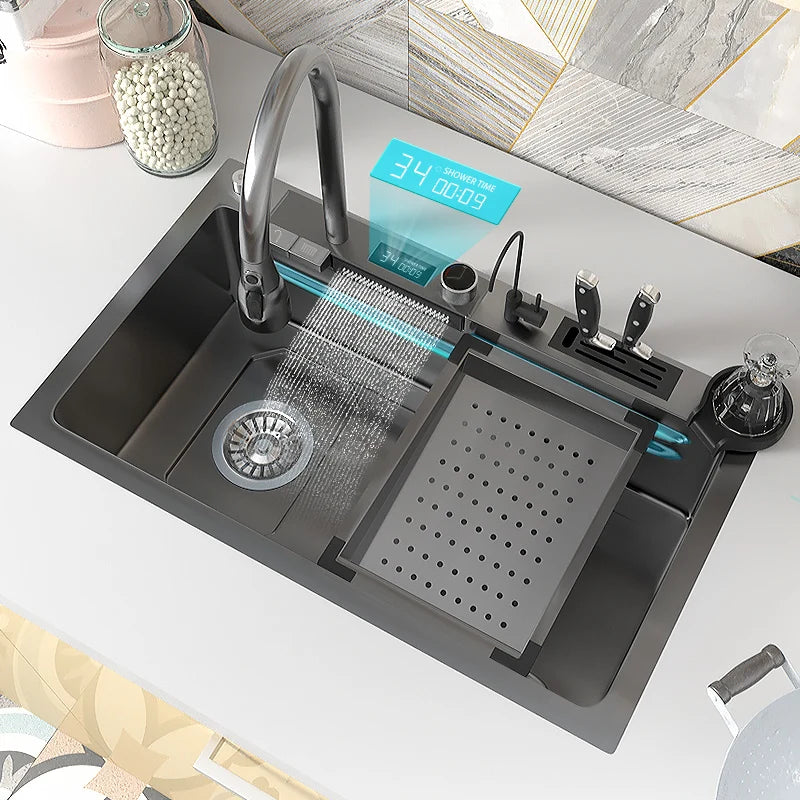 2024 New Trend Black Smart Digital Display Kitchen Sink with Waterfall Faucet Suitable for Hotel Above Counter Basin Kitchen