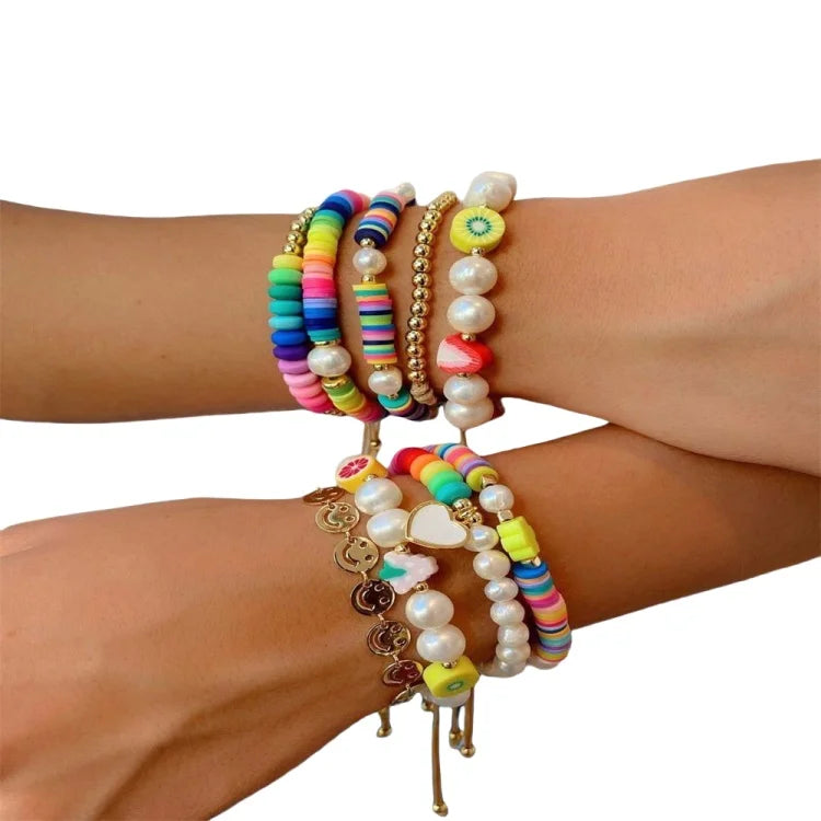 BB1036 Multi Colored Heishi Vinyl Freshwater Pearl Beaded Bracelets Polymer Clay Beads Disk Bohemian Adjustable Bracelets