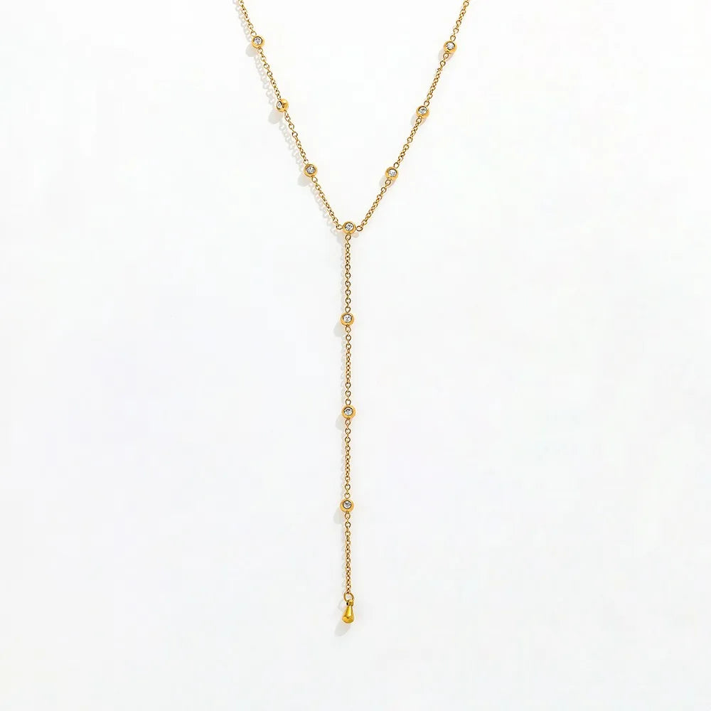 Joolim Jewelry 18K Gold Plated Stainless Steel Link Necklace Dainty Cubic Zirconia Y Tassel Stylish Fashion Chains for Trendy