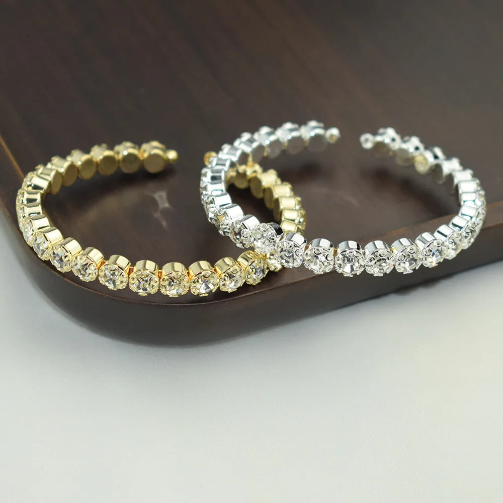 Hot Selling Single Row Crystal Bracelet Shiny Open Gold Plated Silver Thin Circle Bracelet for Women Party Wedding Jewelry