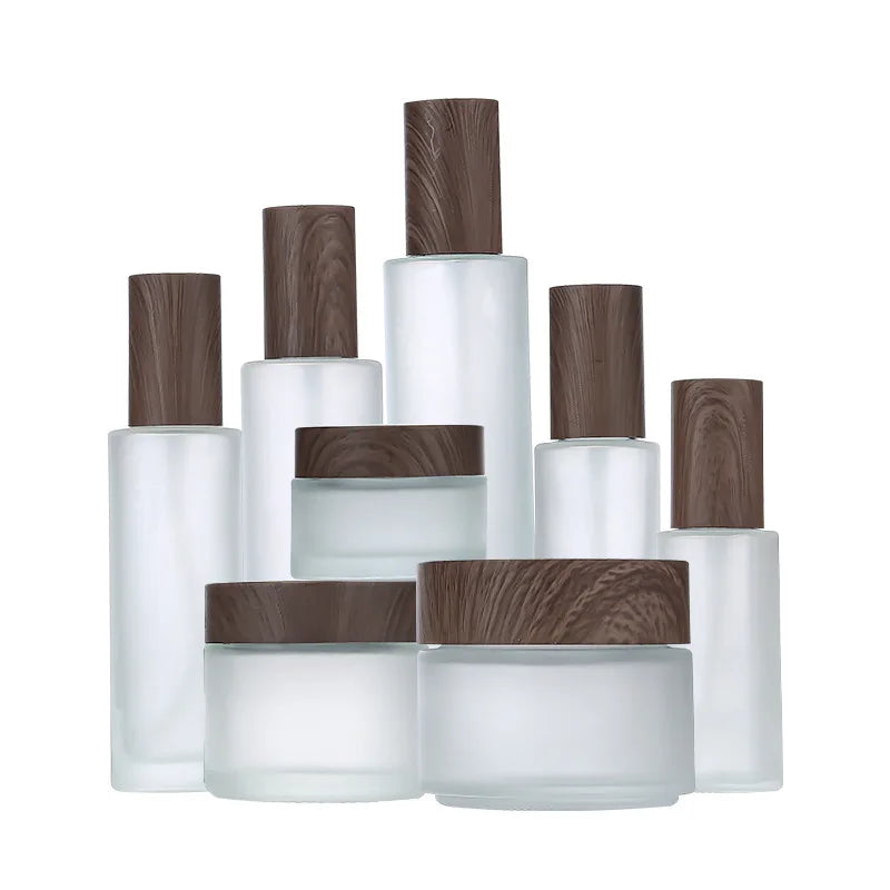 Dark Wood Grain Lid 30g 50g 100g Frosted Cream Jar 30ml 50ml 60ml 80ml 100ml 120ml Lotion Spray Cosmetic Glass Bottle