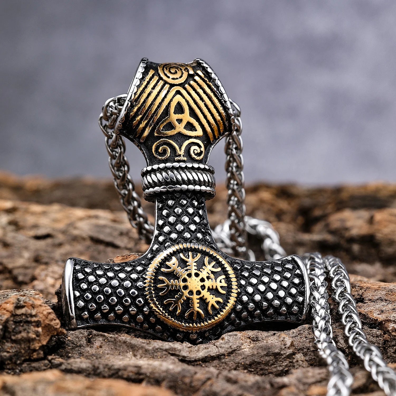 Custom Design Stainless Steel Viking Symbol of Guidance Vegvisir Compass Thor Hammer Mjolnir Pendant Necklace
