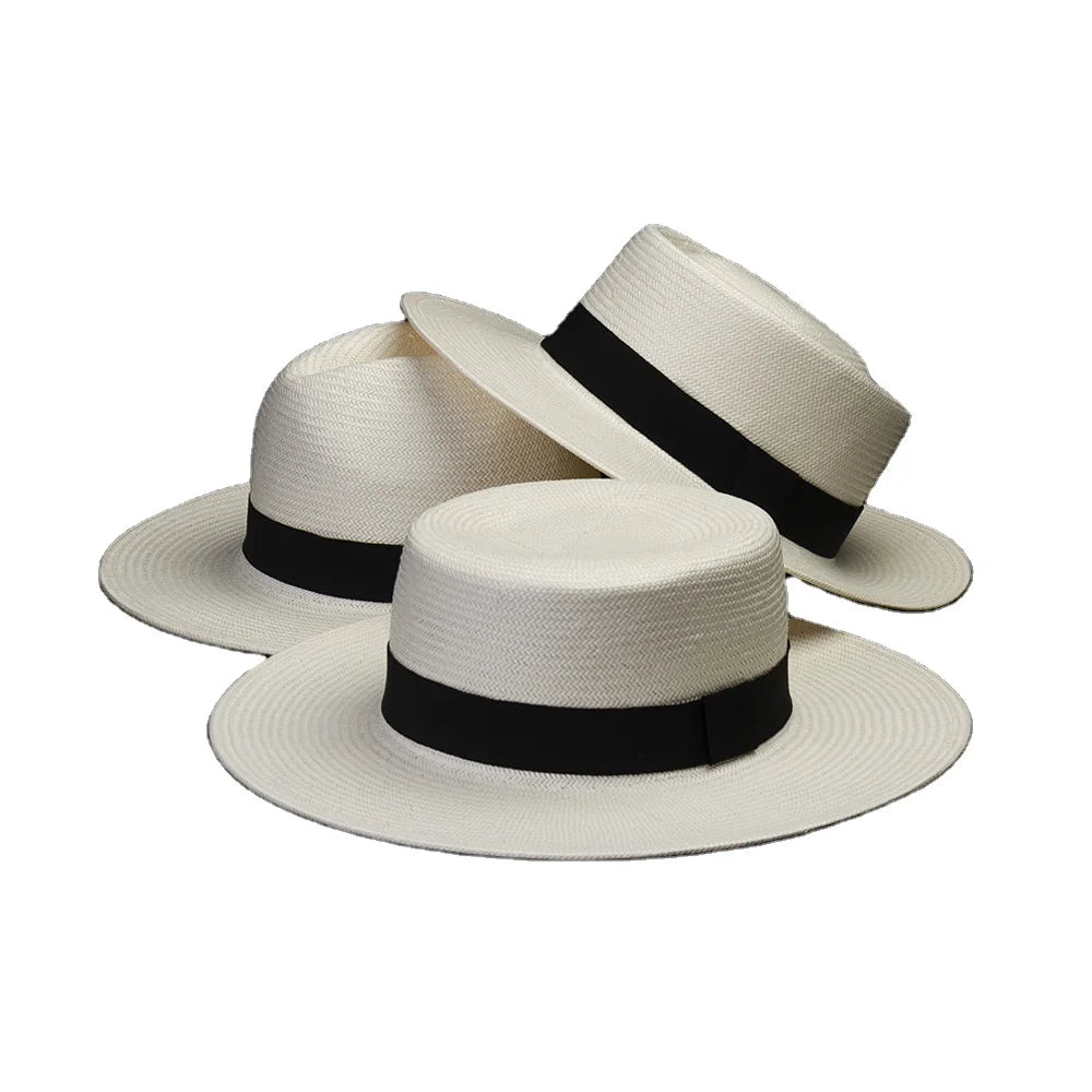 Men's Flat Top Boater Panama Hat Summer Beach Fedora Paper Straw Character Style for Casual Wear