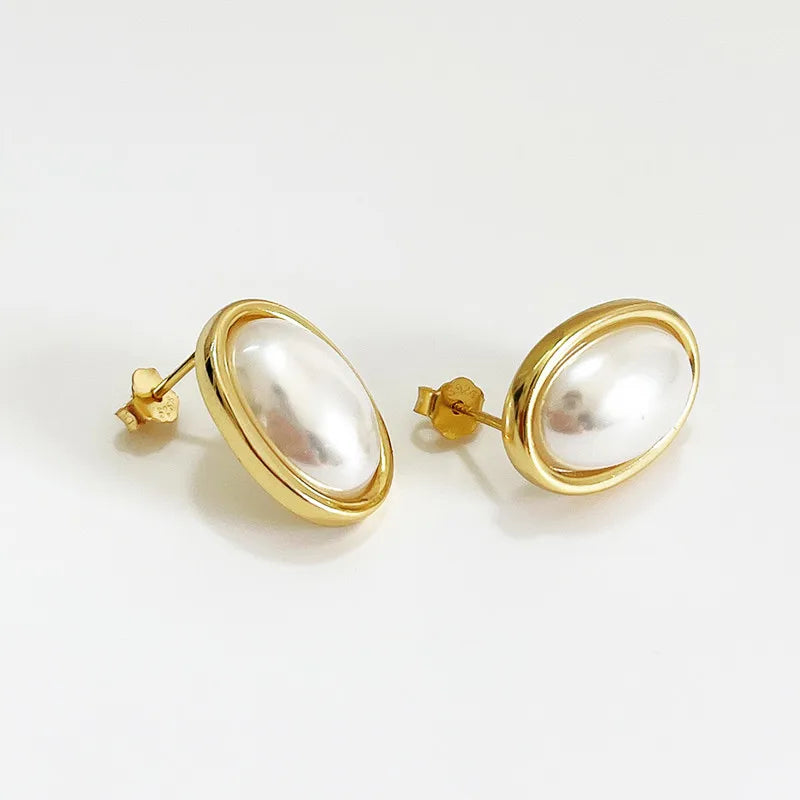 Stylish 18K Gold Plated Eardrop 925 Sterling Silver Oval Pearl Stud Earrings