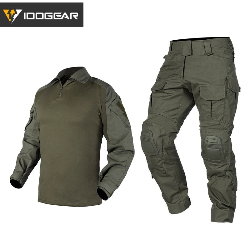 IDOGEAR New Version G3 Assault Camo Camouflage Tactical Hunting BDU Tactical Uniform Set with Knee Pads