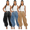 D8708 Streetwear Ladies Denim Jeans Elastic Waist Drawstring Strap Leg Tie Bow Loose Straight Denim Pants Cargo Jeans for Women