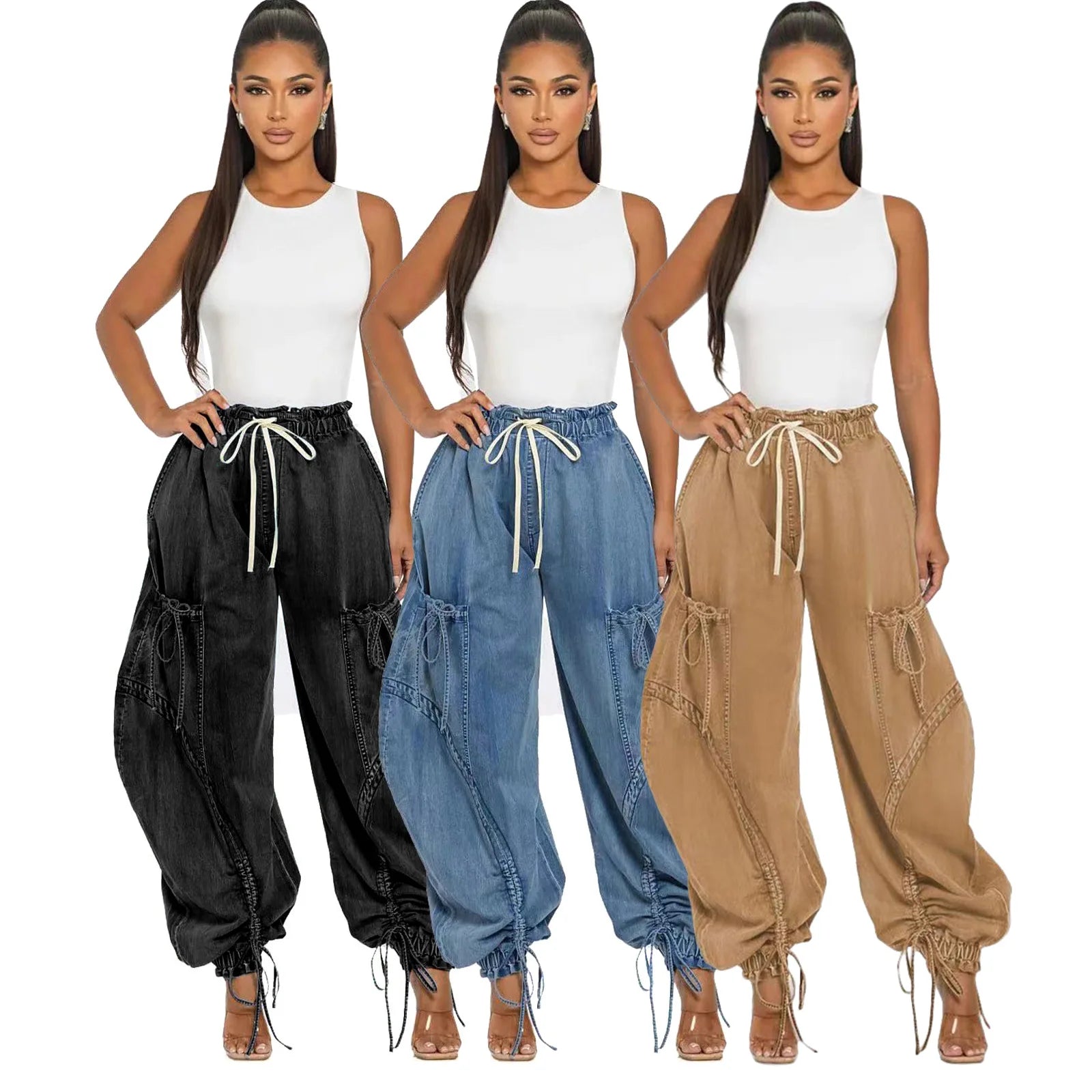 D8708 Streetwear Ladies Denim Jeans Elastic Waist Drawstring Strap Leg Tie Bow Loose Straight Denim Pants Cargo Jeans for Women
