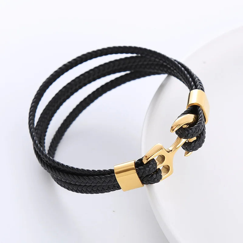 Vintage Stainless Steel Anchor Jewelry Men's Leather Hand Bracelet Fashionable Bangles