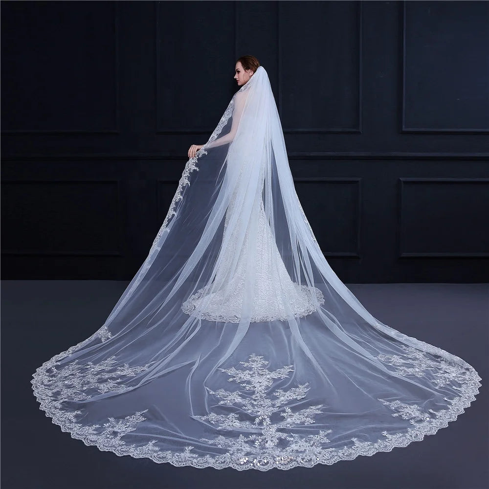Church Large Train Veil Bridal Wedding Long Veil High-grade Sequin Lace Applique Veil