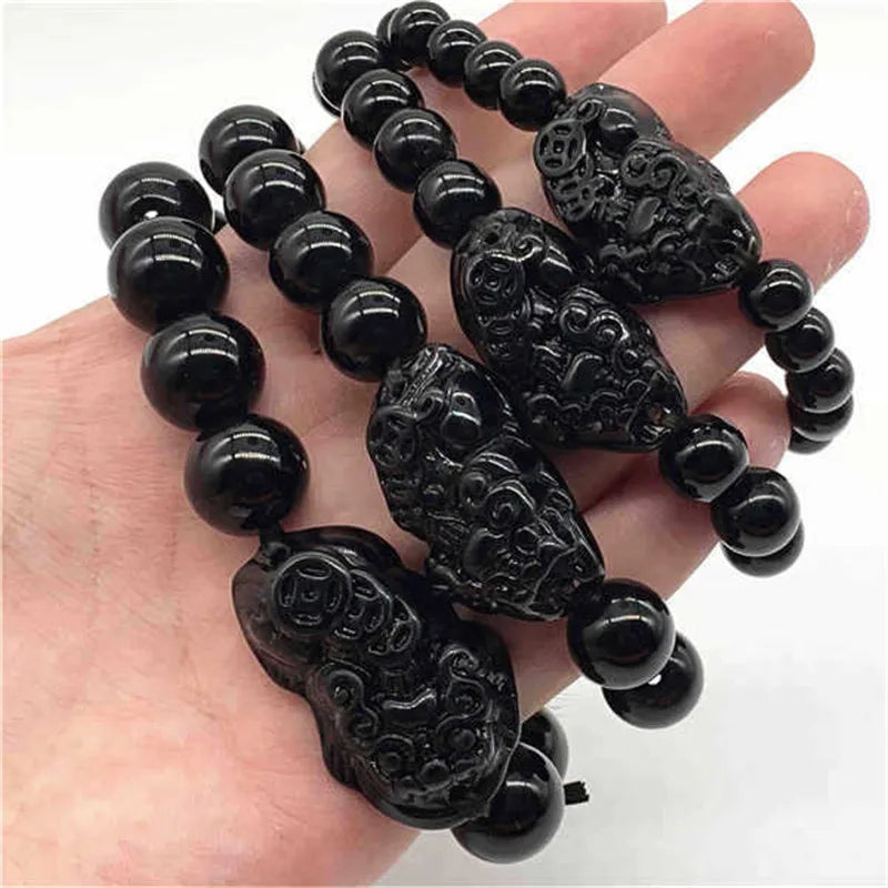 Fashion Women Men Feng Shui Black Crystal PiXiu Bracelet 8mm 10mm 12mm 14mm Good Luck Bracelet Black Beads