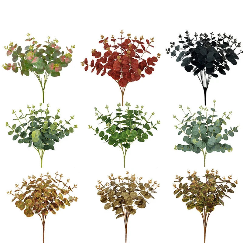 Manufacturers Wholesale 4 Fork 16 Head Money Tree Bouquet  Plastic Eucalyptus Green Plant Wall Decoration Artificial Eucalyptus