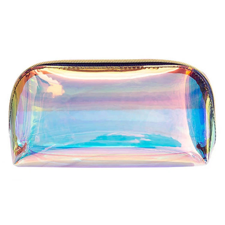 Low Moq Custom Logo Clear Transparent Holographic Makeup Bag Make up Pouch Pvc Cosmetic Bags for Women
