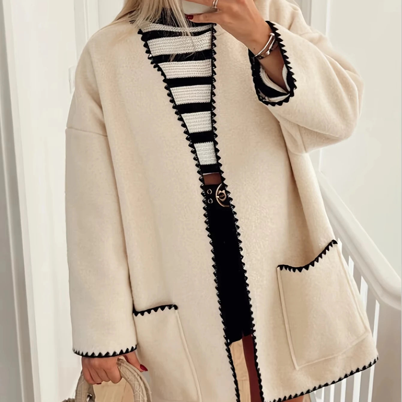 Fashionable French Casual Women's Criss-cross Collar Regular Length Dacron Cardigan Long Sleeve Knit Top Christmas Tree Pattern