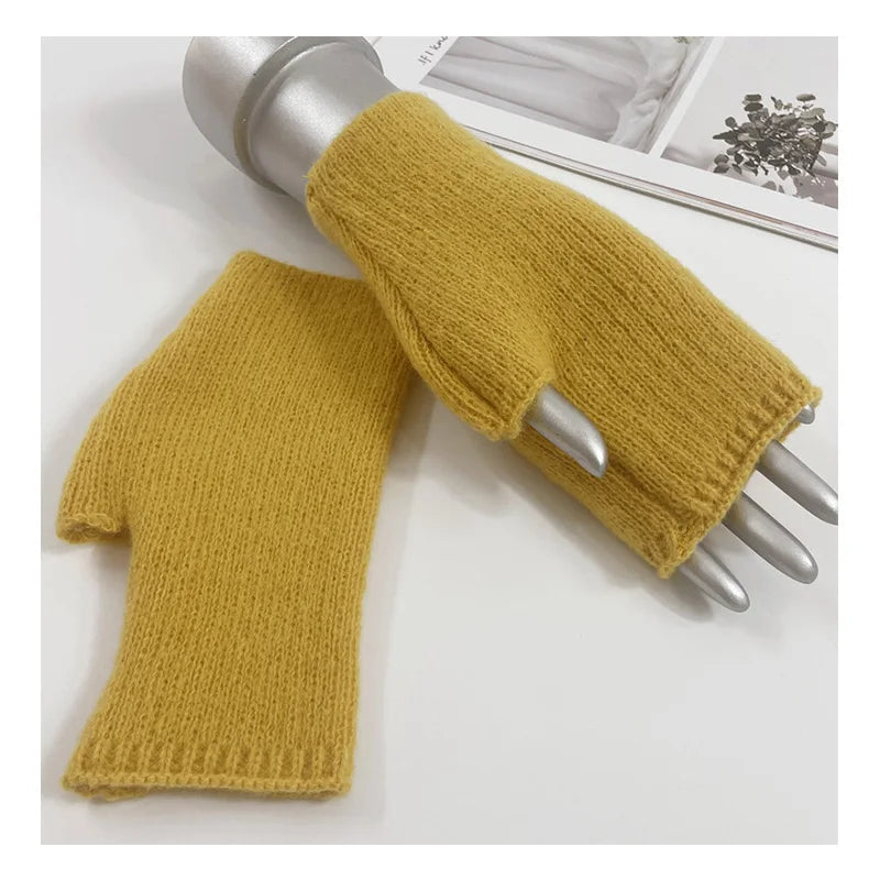 Winter Knitted Half Finger Gloves for Women Soft Warm Knitting Arm Gloves Writing Fingerless Mittens Thicken Wool Guantes