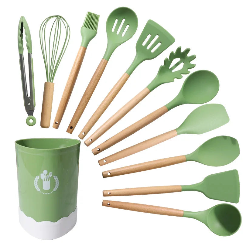 Manjia Wholesale 12 Piece  Wooden Handle Cooking Tools Accessories Cookware Unique Silicone Non-stick Kitchen Utensils Set