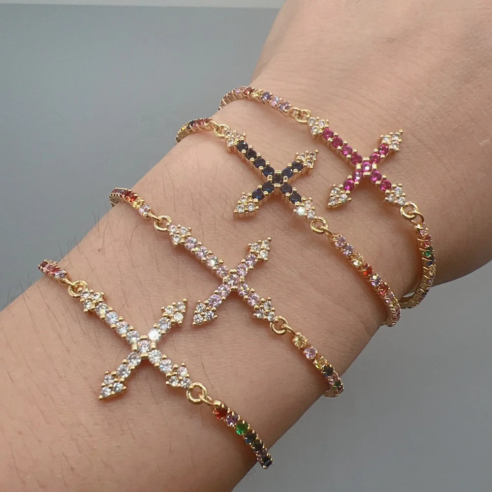 High Quality Colored Shiny Zircon Cross Charm Bracelets for Women Fashion Jewelry