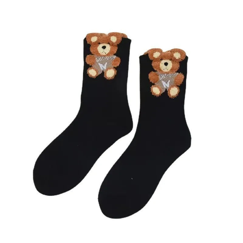 Women's Autumn Winter Plush Coffee Color Cotton Socks New Three-Dimensional Cartoon Flower Bear Tube Anti-Slip Feature Bags