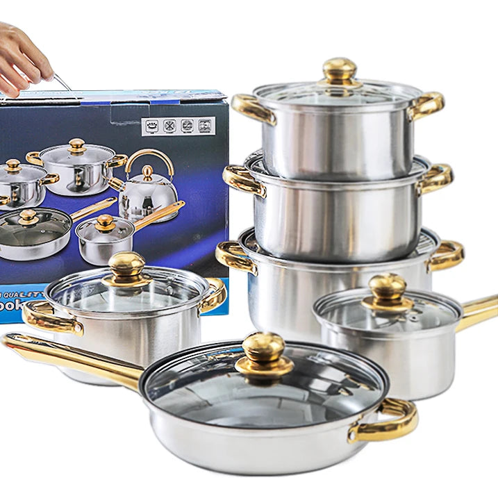 Best Selling 12pcs Double Layer Stainless Steel Cookware Set Classic Design with Lids for Soup Milk Pots Metal Cooking Pot Set