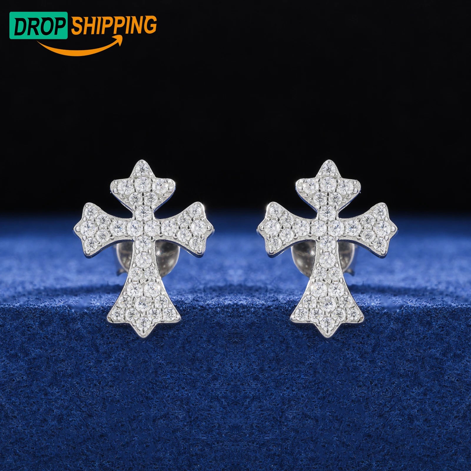 Fine Mens Christian Jewelry White Gold 925 Sterling Silver Vvs Moissanite Diamond Cross Stud Earrings for Party