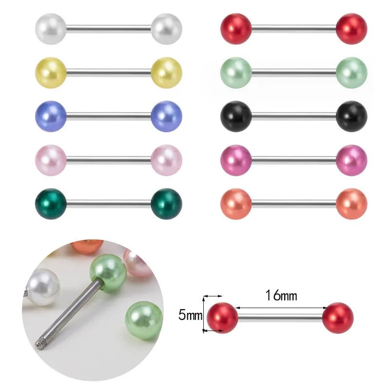 14G Surgical Steel Imitation Pearl Tongue Stud Female Piercing Multi-color Barbell Tongue Ring