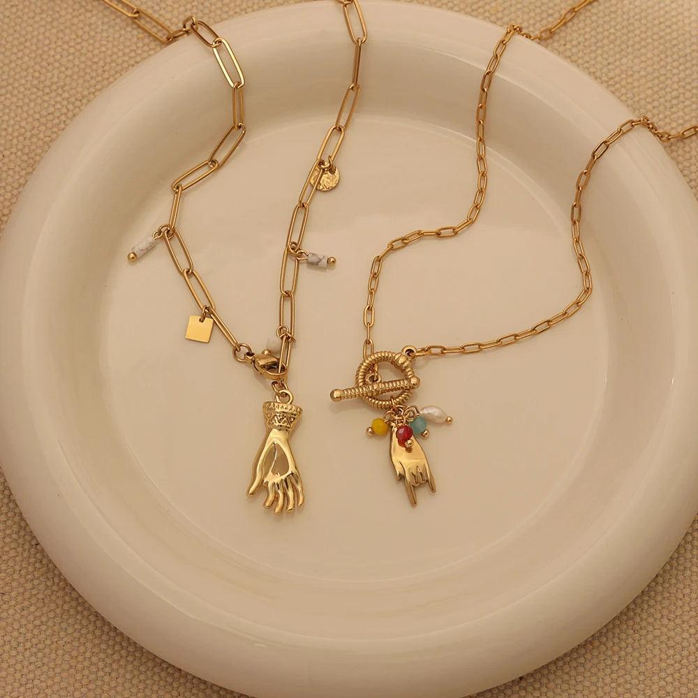 Delicate Elegant High Fashion Waterproof Stainless Steel Gold Plated OT Knotted Necklace with Stones Palms Charm