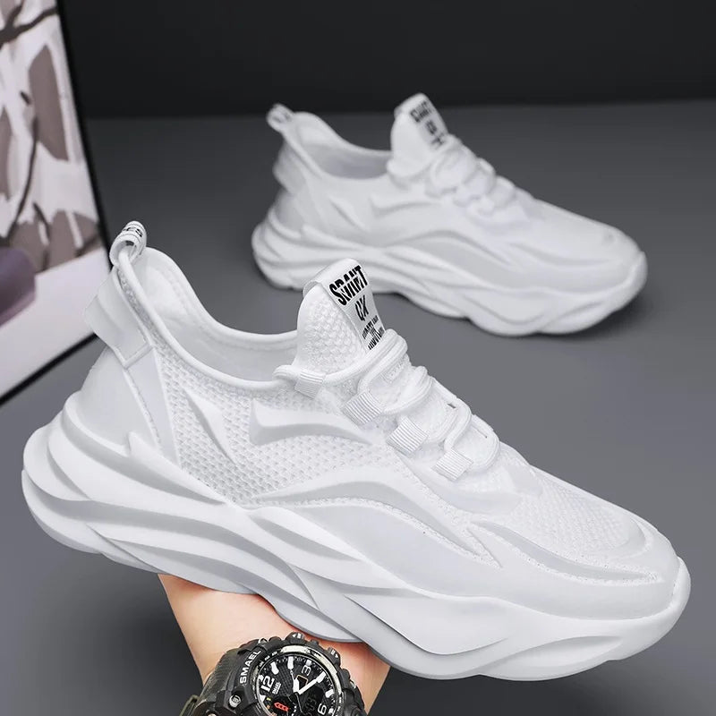 Summer Breathable Fly Woven Mesh Sports Casual Shoes Thick Soles Anti Slip Black Men's Running Sneakers