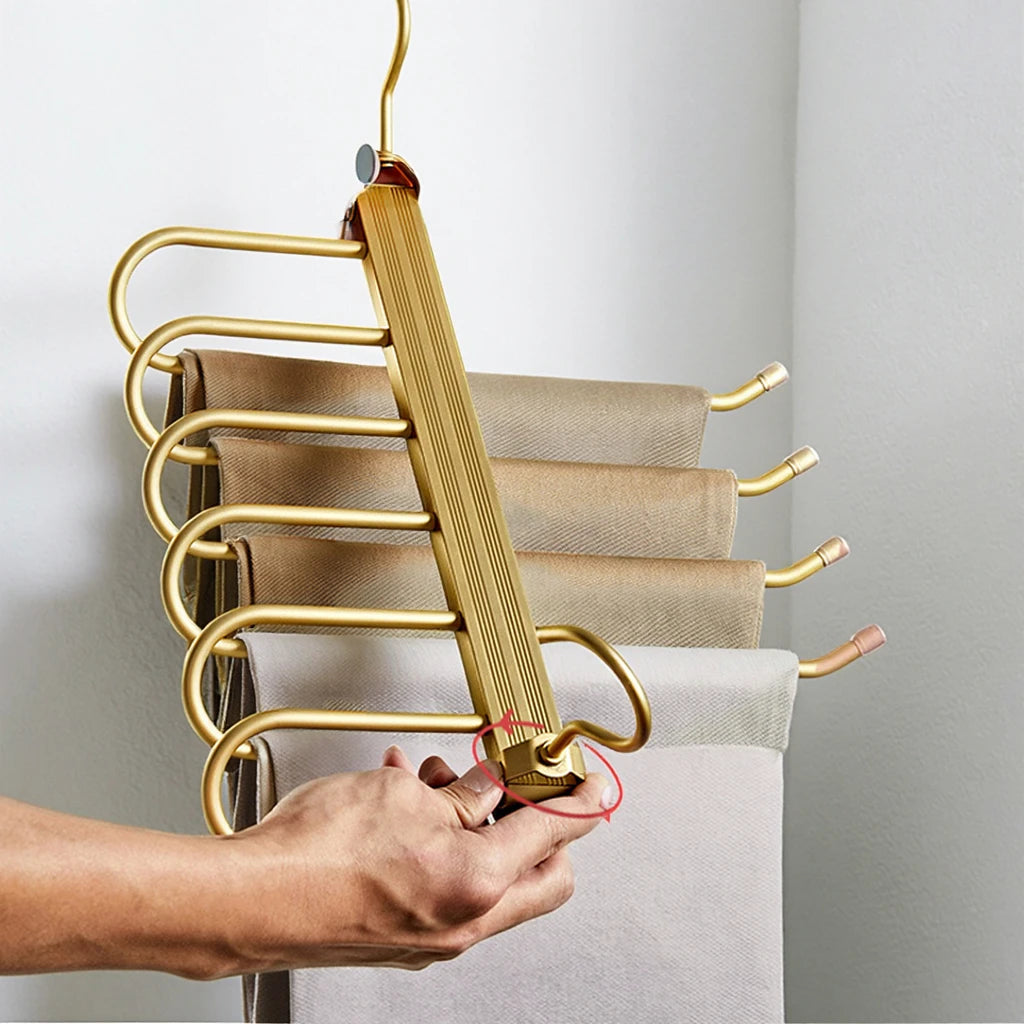 2-Pack Customizable 6-in-1 Premium Aluminum Foldable Metal Hangers Space-Saving for Pants Trousers Cloth Material Wardrobe Use