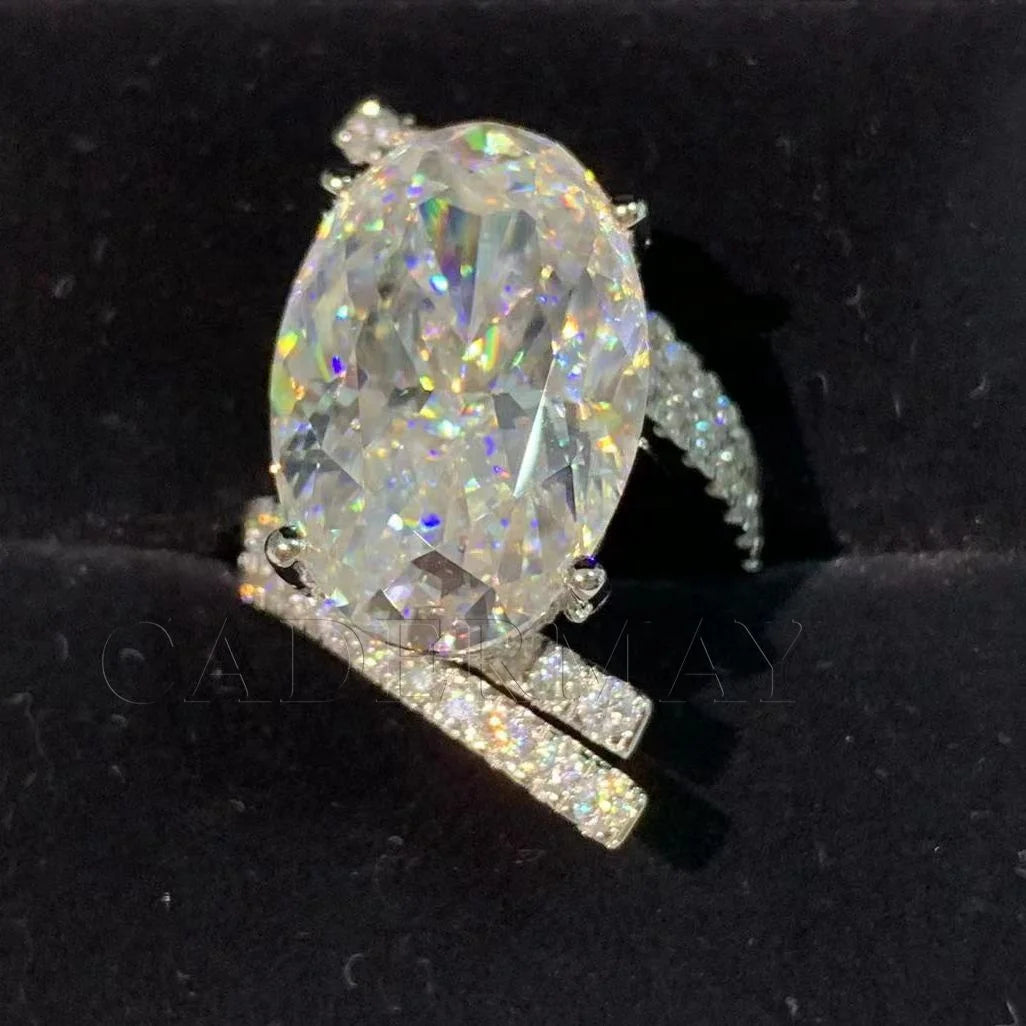 Cadermay Sterling Silver S925 20ct Oval Shape Ice Out D VVS Moissanite Pass Diamond Tester Rings Band Jewelry