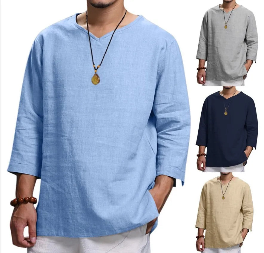 Men's Four V Neck Cotton Linen T-Shirt Anti-Wrinkle Loose Fit Long Sleeve Solid Color Streetwear for Casual Vacation for Autumn