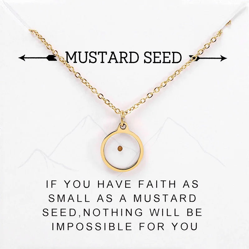 Mustard Seed Necklace Heart Round Rectangle Stainless Steel Faith Necklace Encouragement Gift with Card