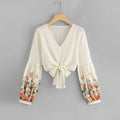 Spring&Fall  Floral Print Chiffon Knot Blouse Crop Top  for  Women
