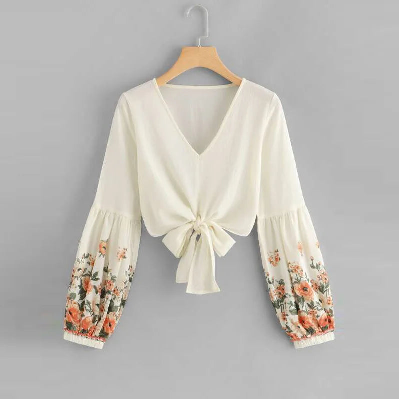 Spring&Fall  Floral Print Chiffon Knot Blouse Crop Top  for  Women