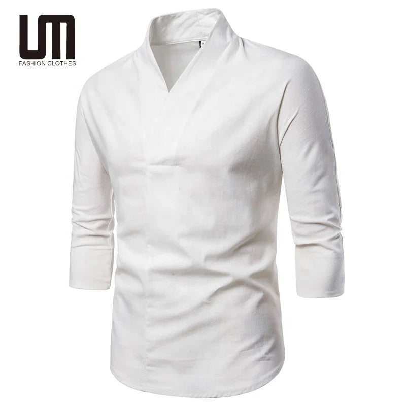 Liu Ming Hot Selling Products Vintage Men Fashion V Neck Linen T Shirts