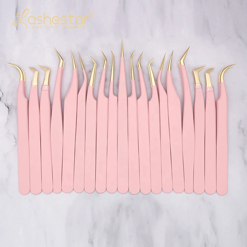 Lashestar Lash Tweezers Professional Eyelashes Tools Pink Eyelash Extensions Tweezers Set Sharp Eyelash Tweezers