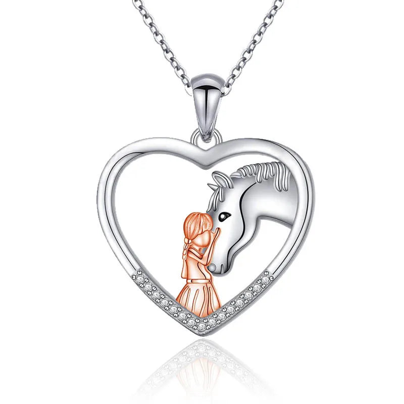 RisingMoon Hot Selling Love Heart Pendant Necklace Fashion Girl and Horse Alloy Necklace for Gifts